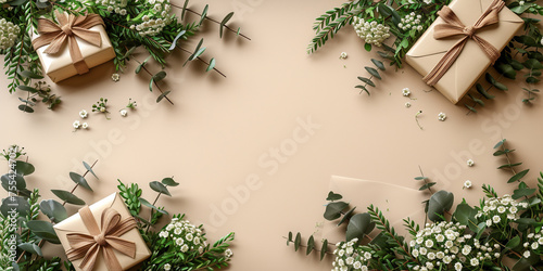 Greeting card mockup with gift box, envelope and eucalyptus and gypsophila twigs