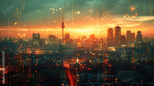 Berlin business skyline with stock exchange trading chart double exposure, Germany trading stock market digital concept