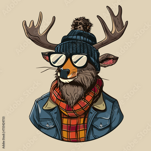 Funny cartoon deer vector illustration hipster animal in clothes.