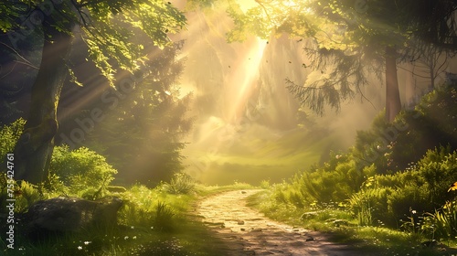 Sunlight drifting through the trees in the forest woodlands © Dionysus