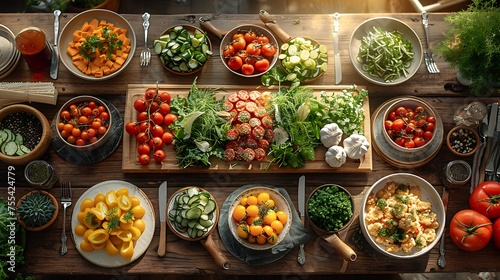 A top view of a rustic wooden table filled with a variety of fresh vegetables, salads, and dressings for a healthy meal setup, ready for a summertime feast 