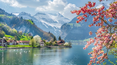 Serene springtime view of a tranquil lake with cherry blossom trees and a snow-capped mountain in the background 