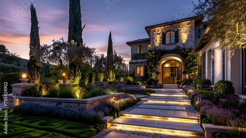 A luxurious mansion illuminated at twilight with a landscaped garden and pathway leading to the entrance door. 