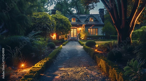 Peaceful evening view of a charming house with illuminated windows surrounded by a lush garden and pathway lighting. 