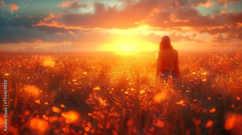 A solitary person stands in a vibrant field of flowers basking in the warm glow of a sunset. 