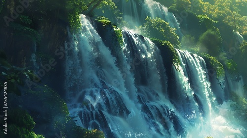 A majestic waterfall cascades through lush green foliage in a serene tropical forest setting.  © Munali