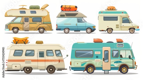 The image shows a camper van with luggage on top and an open door for a family vacation. There is a modern illustration of camping car and motorhome for a summer vacation. There is also a vintage rv