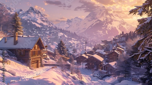 A picturesque winter scene of a cozy village with snow-covered chalets against a backdrop of majestic mountains during sunset 