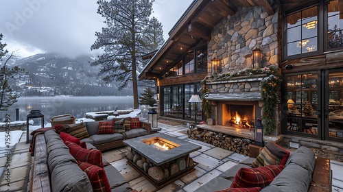 Majestic lakeside cabin adorned with festive decorations under a wintry sky, boasting an inviting outdoor fireplace and plush seating area.  photo