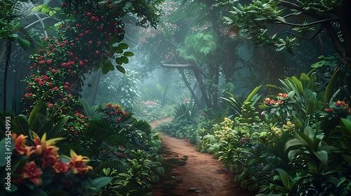 A mystical forest path lined with vibrant flowers and lush foliage under a hazy, magical light 