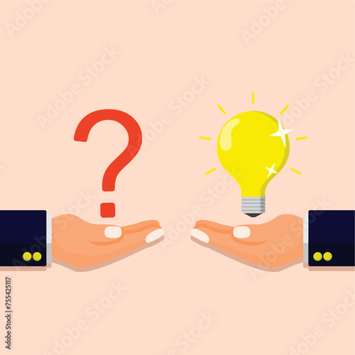 one hand of the businessman holding a question mark one hand of the owner holding a light bulb solution sign,vector illustration of the concept of solving a business problem