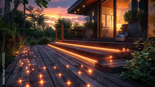 Modern house deck with LED lights illuminated at twilight under a breathtaking sky 