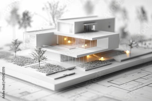 maquette de maison moderne posée sur des plans, fond blanc, illustration ia générative