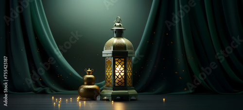 A golden green Lanterns stands in the desert at night sky, lantern Islamic Mosque, crescent moon Ramadan Kareem illustration © MAJGraphics