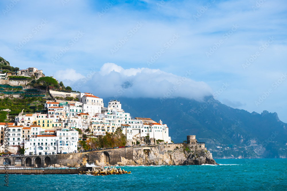 Amalfi coast, Italy. View of Amalfi town with colorful architecture. Mediterranean sea.