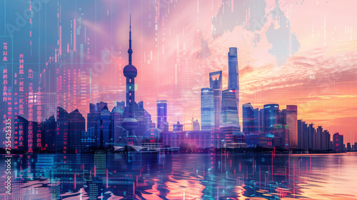 Shanghai China business skyline with stock exchange trading chart double exposure, Asia trading stock market digital concept photo