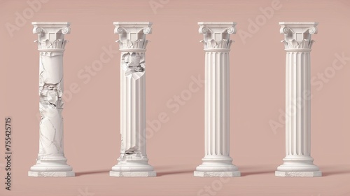 An ancient roman column made of white clay. Realistic 3D illustration set of a pillar of stone of a temple. A marble colonnade for a historical construction's decorative facade...