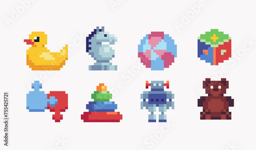 Kids toys pixel art set. Games for toddlers and children collection. 8 bit. Game development, mobile app. Isolated vector illustration.