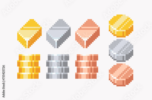 Gold, silver and bronze bars and coins pixel art set. Metallic ingots and medals collection. 8 bit. Game development, mobile app. Isolated vector illustration.  photo