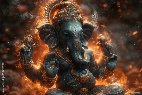 Striking representation of Lord Ganesha emerging from a turbulent shiny ocean, symbolizing purity and divinity.generative ai 