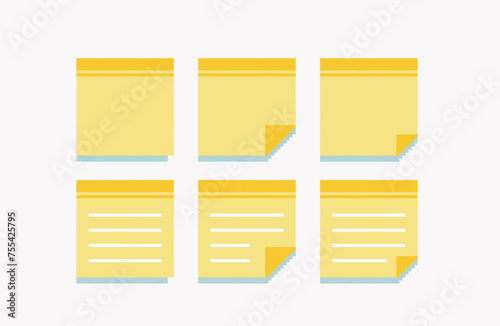 Yellow sticky notes pixel art set. Empty sticker collection. 8 bit. Game development, mobile app. Isolated vector illustration. 