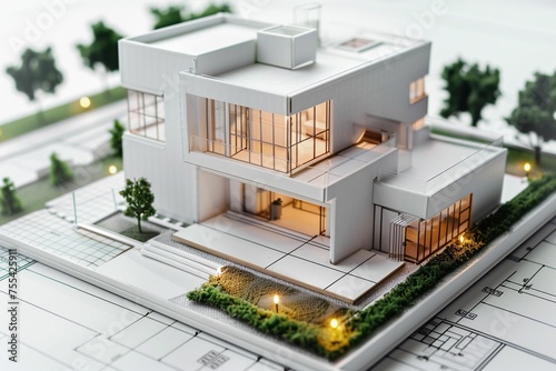 maquette de maison moderne posée sur des plans, fond blanc, illustration ia générative photo