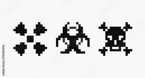 Toxic, virus, radioactive hazard signs pixel art set. Caution, danger warning collection. 8 bit. Game development, mobile app. Isolated vector illustration. 