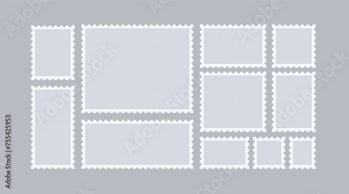 Empty postal stamp pixel art set. Philately frame collection. 8 bit. Game development, mobile app. Isolated vector illustration. 