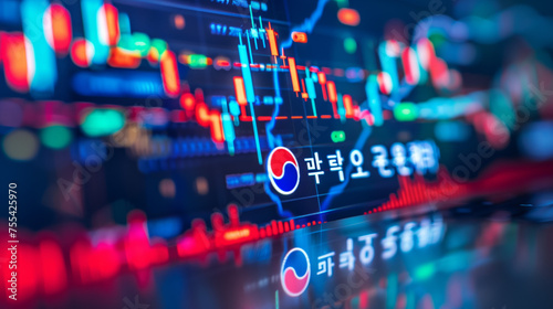 South Korea flag with stock exchange trading chart double exposure, Seoul Asian trading stock market digital concept