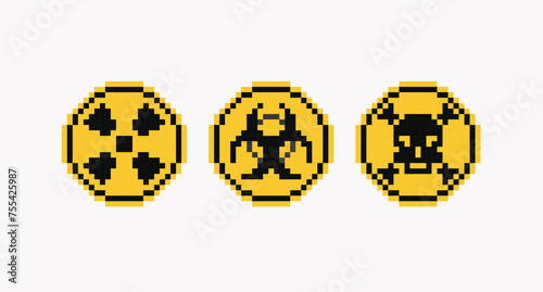 Toxic, virus, radioactive hazard signs pixel art set. Caution, danger warning collection. 8 bit. Game development, mobile app. Isolated vector illustration. 