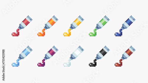 Paint tubes pixel art set. Dye package collection. Gel, pasta or cream 8 bit. Game development, mobile app. Isolated vector illustration. 