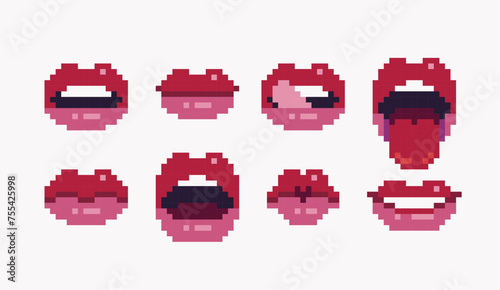 Red glossy red lips pixel art set. Women mouth expressions collection. 8 bit. Game development, mobile app. Isolated vector illustration. 