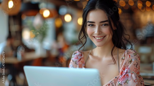 A cheerful young woman with a pleasant smile working on her laptop in a cafe setting 