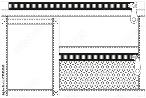 Vector schematic drawing of a set of pockets with a grid and zipper. Technical drawing, sketch image