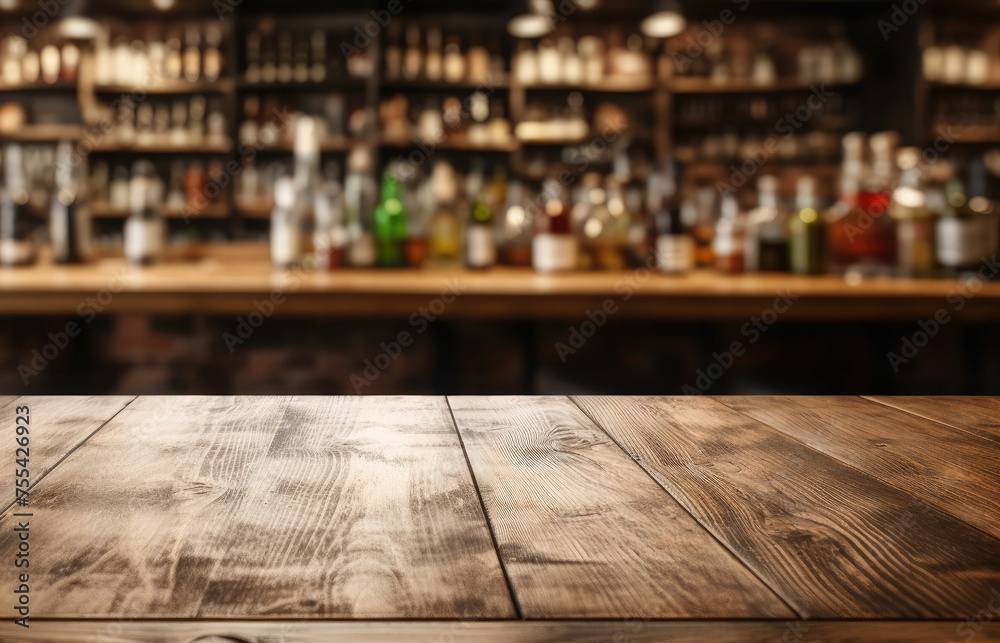 Empty wooden table for product demonstration and presentation on the background of a bar, store, with alcoholic drinks