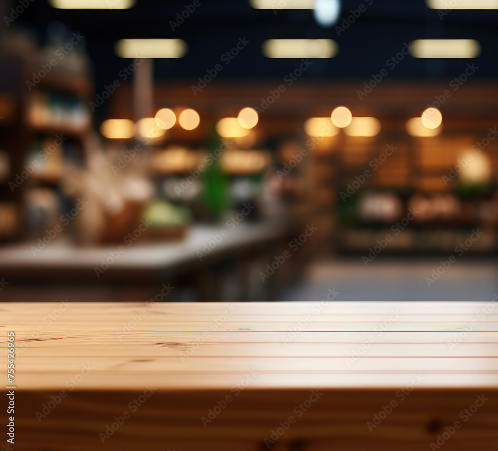 Empty wooden table for product demonstration and presentation on the background of blurred of a supermarket or grocery store