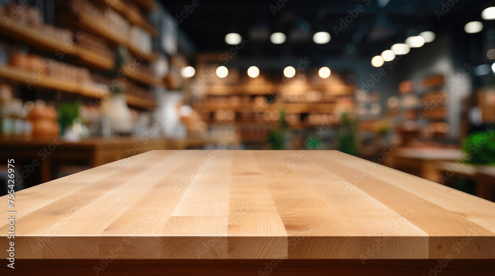 Empty wooden table for product demonstration and presentation on the background of blurred of a supermarket or grocery store