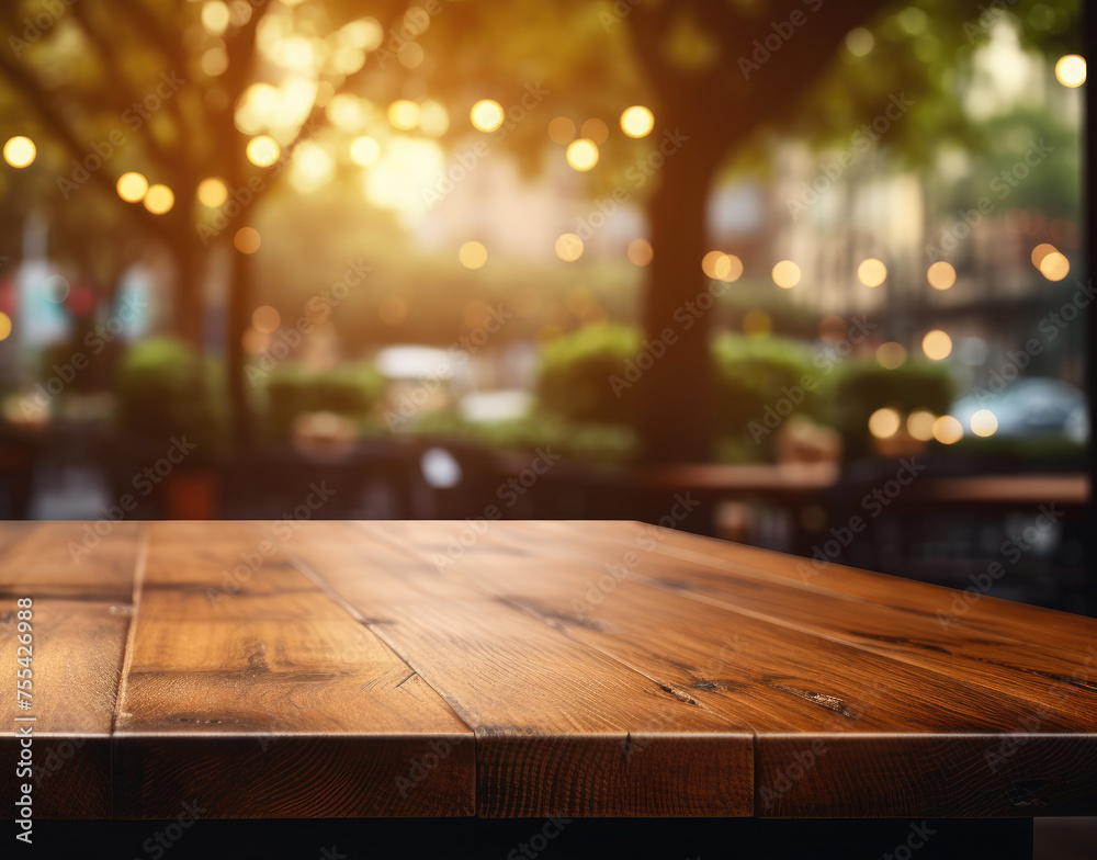 Empty wooden table for product demonstration and presentation on the background of cafe, restaurant, night golden bokeh.