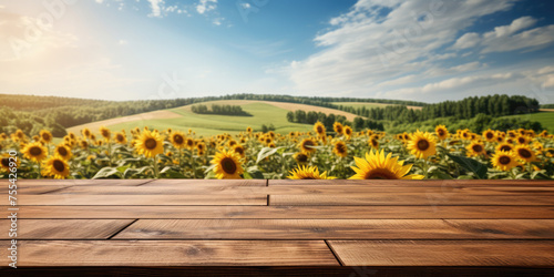 Empty wooden table for product demonstration and presentation on the background of field with sunflowers. Banner