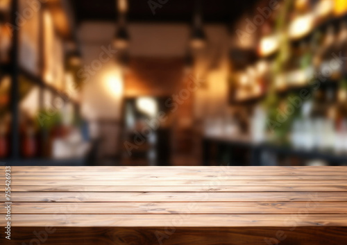 Empty wooden table for product demonstration and presentation on the background of a bar, store, with alcoholic drinks © syhin_stas