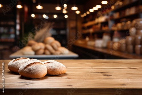 Freshly baked beautiful bread lies on a wooden table against the background of shelves in a bakery store. Part of the wooden table is empty - for installation and presentation of goods.