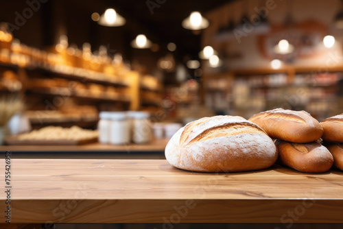 Freshly baked beautiful bread lies on a wooden table against the background of shelves in a bakery store. Part of the wooden table is empty - for installation and presentation of goods.