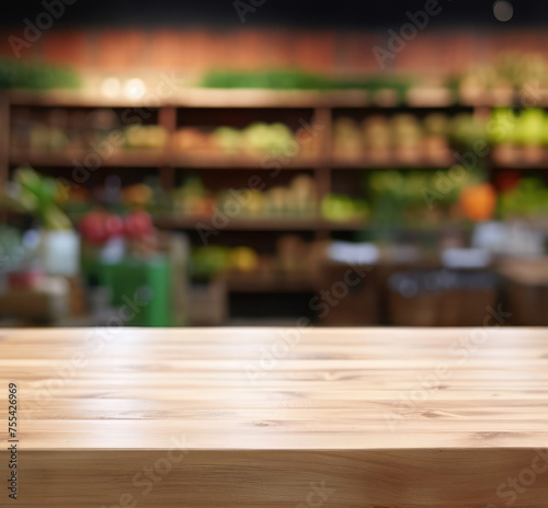 Empty wooden table for product demonstration and presentation on the background of blurred vegetable rows in a supermarket or store