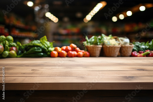 Beautiful ripe fresh vegetables on a wooden table on a blurred background of a supermarket, store or market. Part of a wooden table - empty for presentation and demonstration of goods