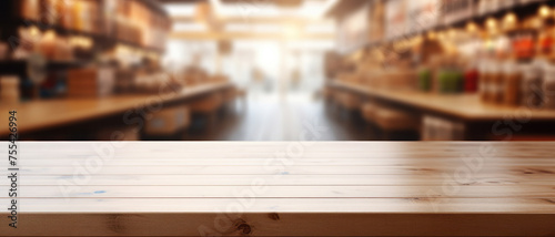 Empty wooden table for product demonstration and presentation on the background of blurred of a supermarket or grocery store © syhin_stas