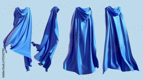 This realistic blue cape cloak is floating in air in several positions under wind. The fabric mantle or silk scarf is flowing in the wind. The drapes or curtains have wrinkles that are caused by photo
