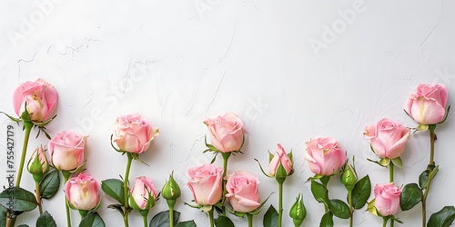 Row of pink roses with stems and leaves against a white textured wall