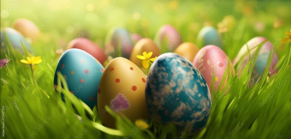 Easter eggs of different colors lie in the green grass.
