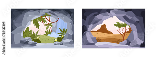 View from stone caves entrance. Vector illustration in cartoon flat.