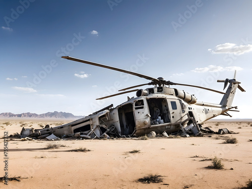 crashed military airforce helicopter or chopped in the middle of the desert for warfare aftermath or mission failure as a wide banner with copy space area design